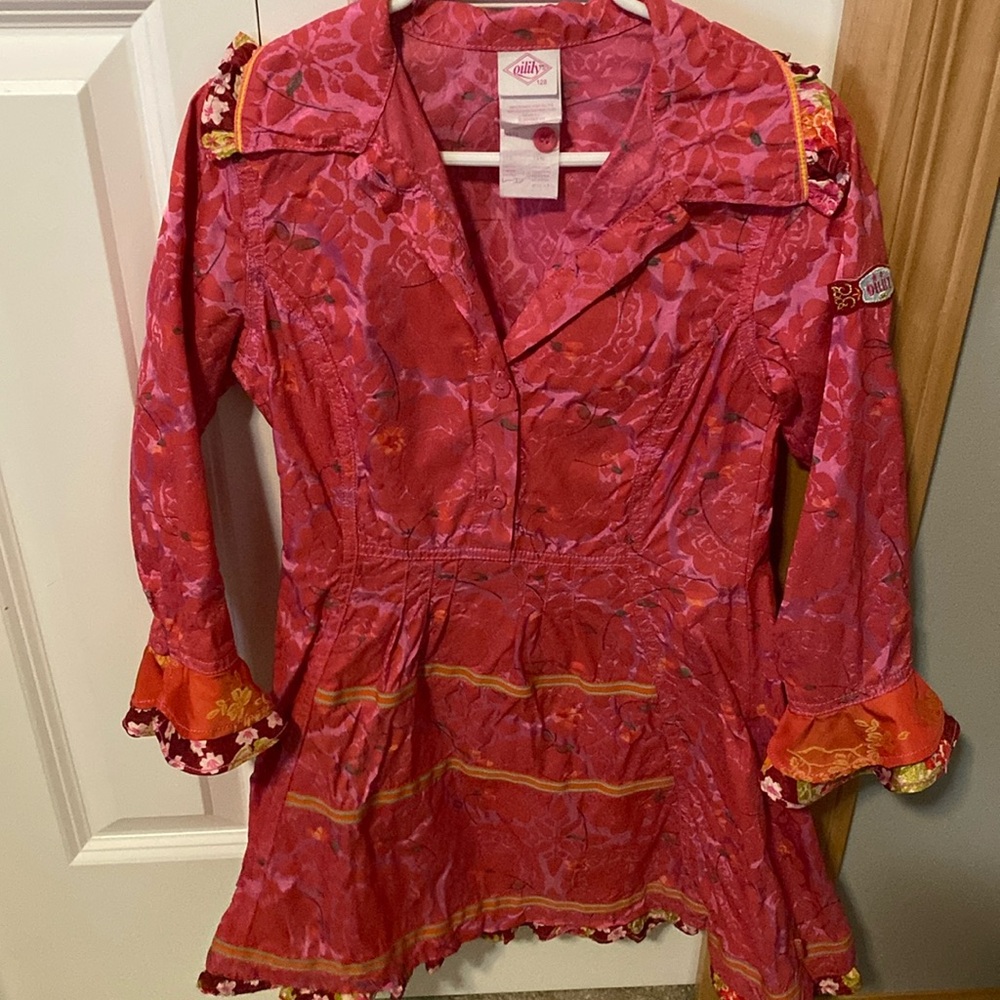 Girls pink dress with ruffle back. Size 128 and 7-8 years. Oilily.